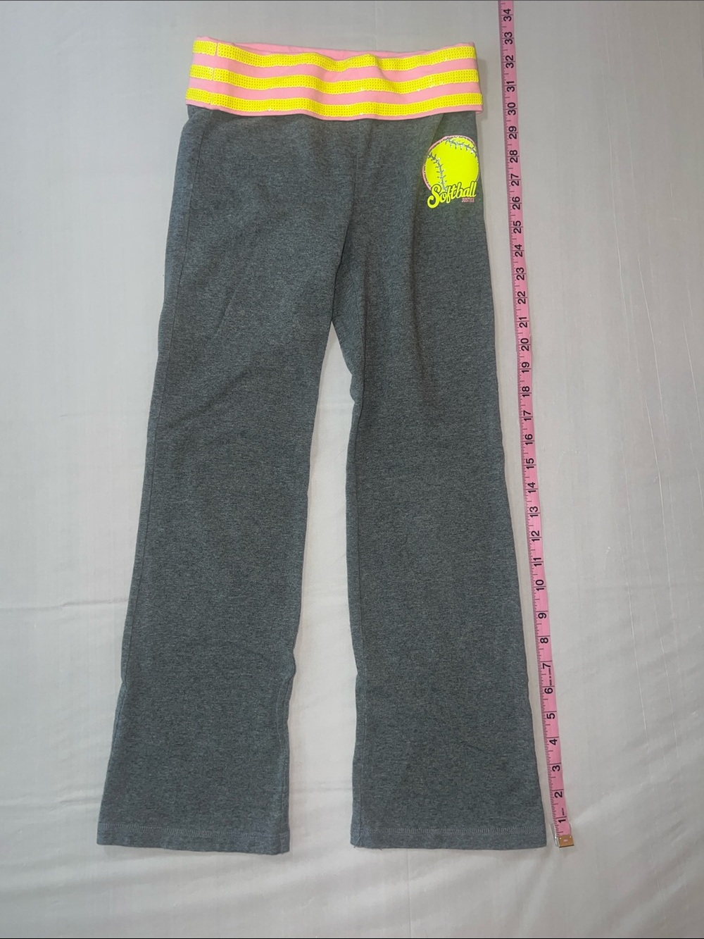 Justice Gray Sweatpants with Neon Yellow & Pink Striped Waistband